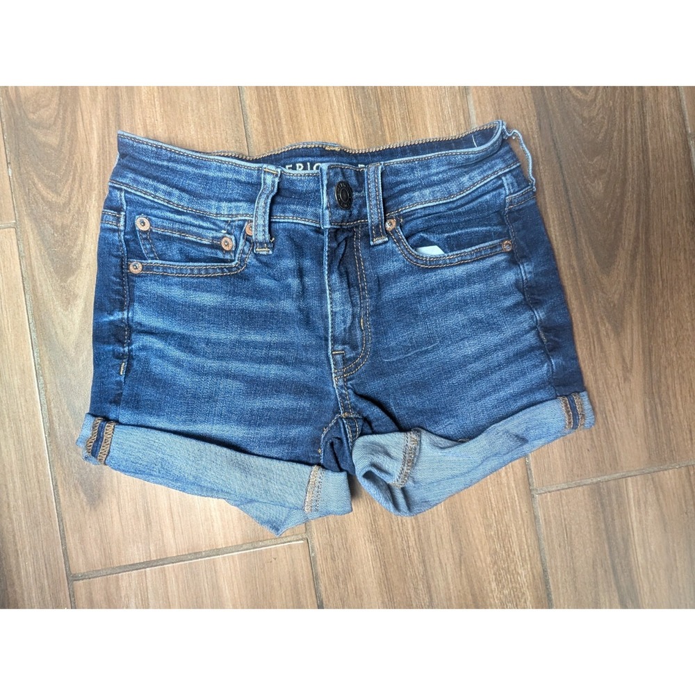American Eagle Super Stretch Midi Denim Shorts Women's Size 00 Blue Mid Rise...